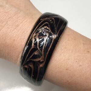 Vintage Black Gold Foil Swirl Blown Glass Dichroic 25mm Wide Bangle Bracelet